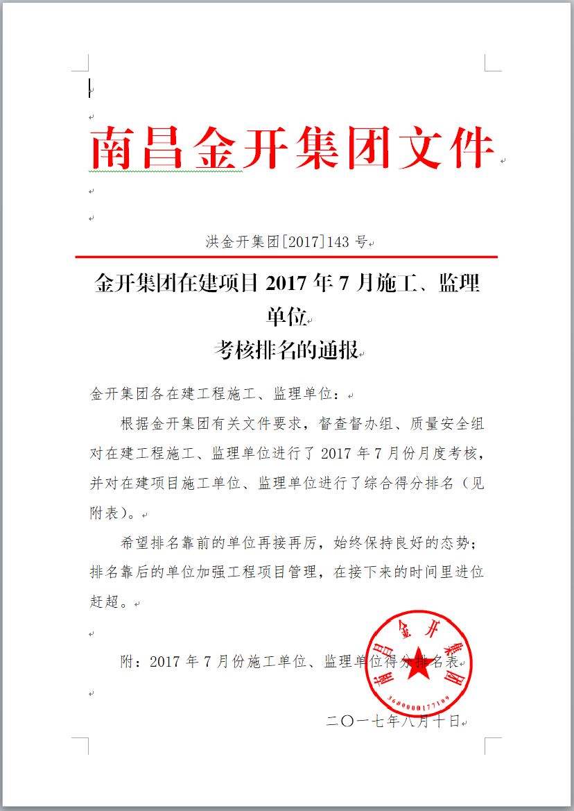 金開集團在建項目2017年7月施工、監(jiān)理單位考核排名通報